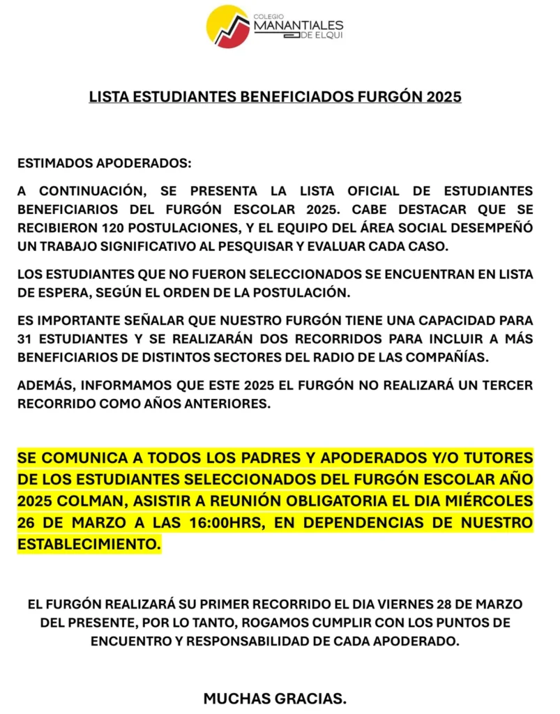 Comunicado “Beneficiados Furgón 2025”